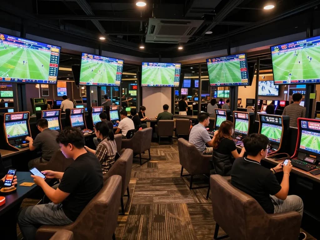Fans engaged in keonhacai sports betting experience, cheering while watching live matches.