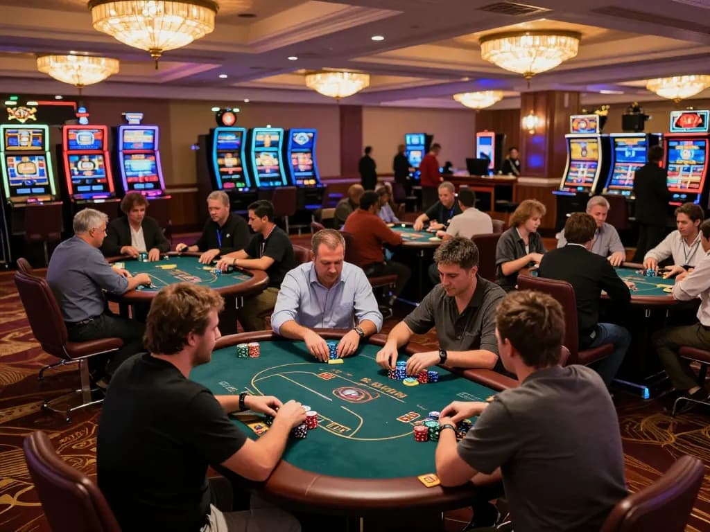 A lively casino scene featuring players at poker tables engaged in dynamic gameplay at the hit club.