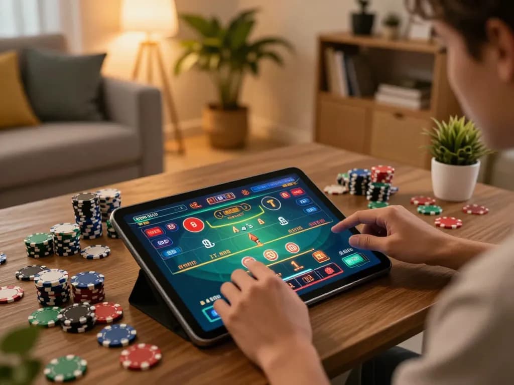 Player enjoying online gaming at mb66 with tablet in modern living room, chips and betting action visible.