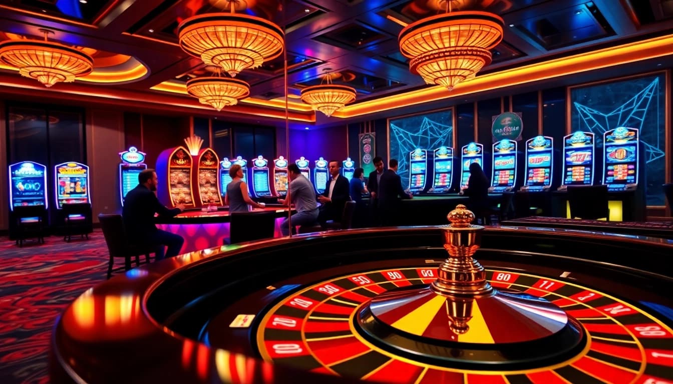 Gamble smartly with Alo 789 at a high-stakes poker table surrounded by vibrant slot machines.