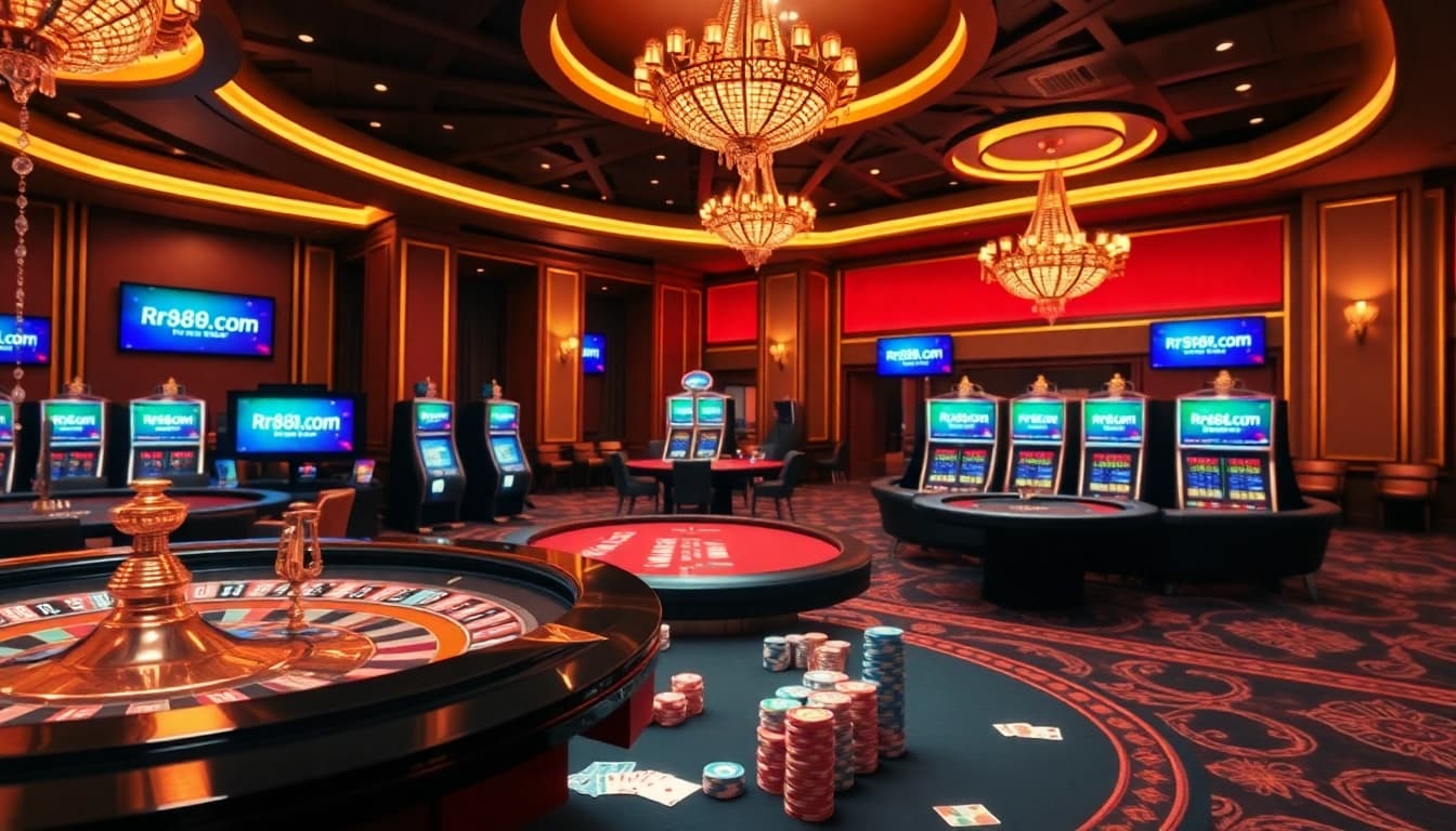 Experience the thrilling atmosphere of rr88.com with a vibrant casino scene featuring roulette, poker, and slot games.