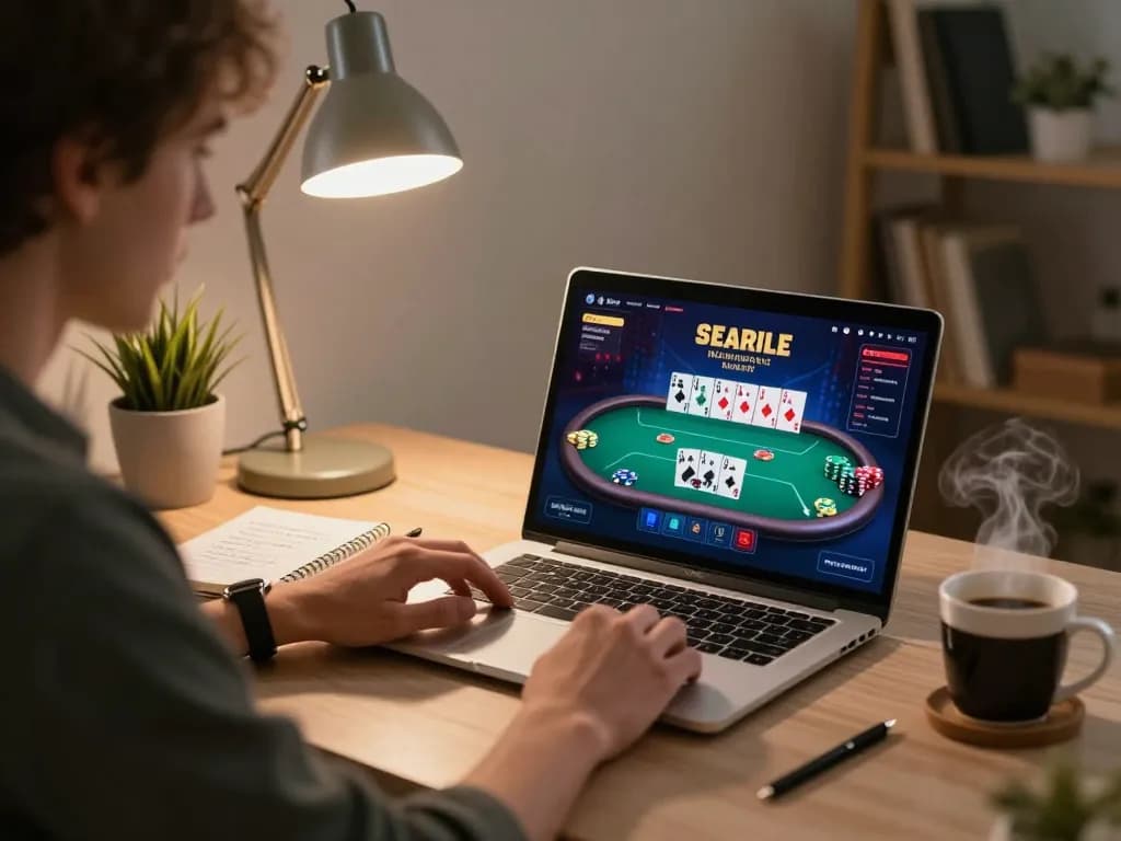 Player strategizing with 888vnd poker interface on laptop, showcasing intense gaming atmosphere.