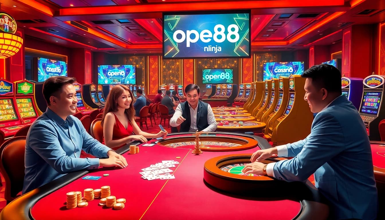 Engaged gamblers enjoying gameplay at open88.ninja, featuring casino tables and slot machines.
