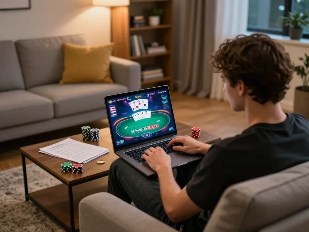 Engaged player using a laptop for poker on 789club with cards and chips displayed.