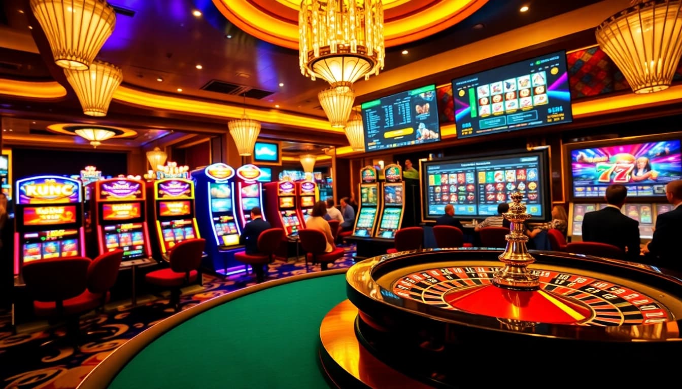 kuwin gaming experience at a vibrant casino table with players and slot machines