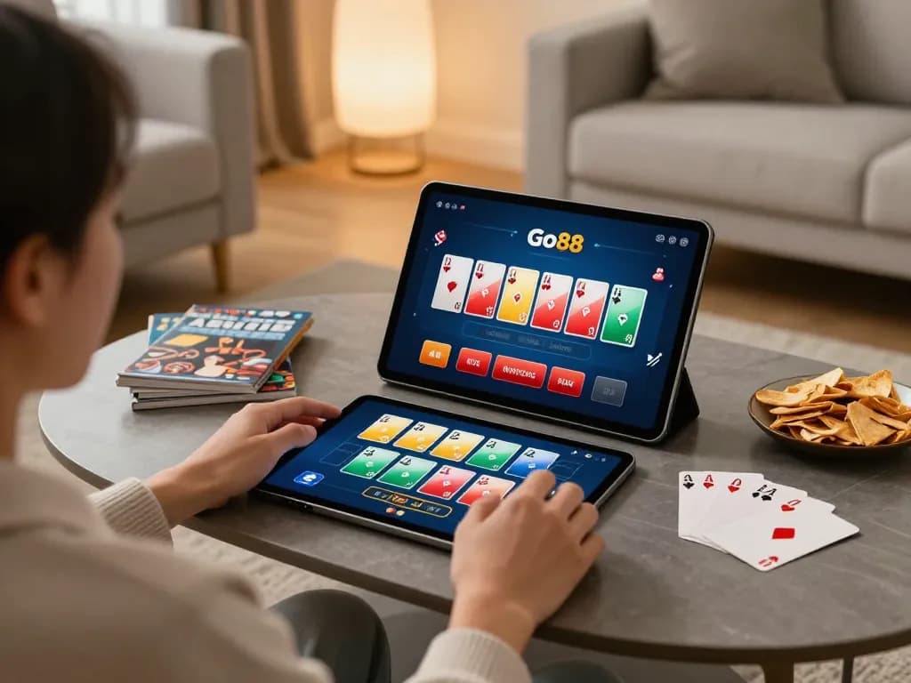 Engaging in online Go88 gaming, showcasing poker action on a tablet at home with strategic elements