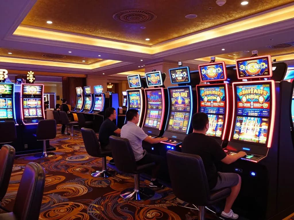 Engaged players enjoying Slot Malaysia at a colorful casino slot machine area