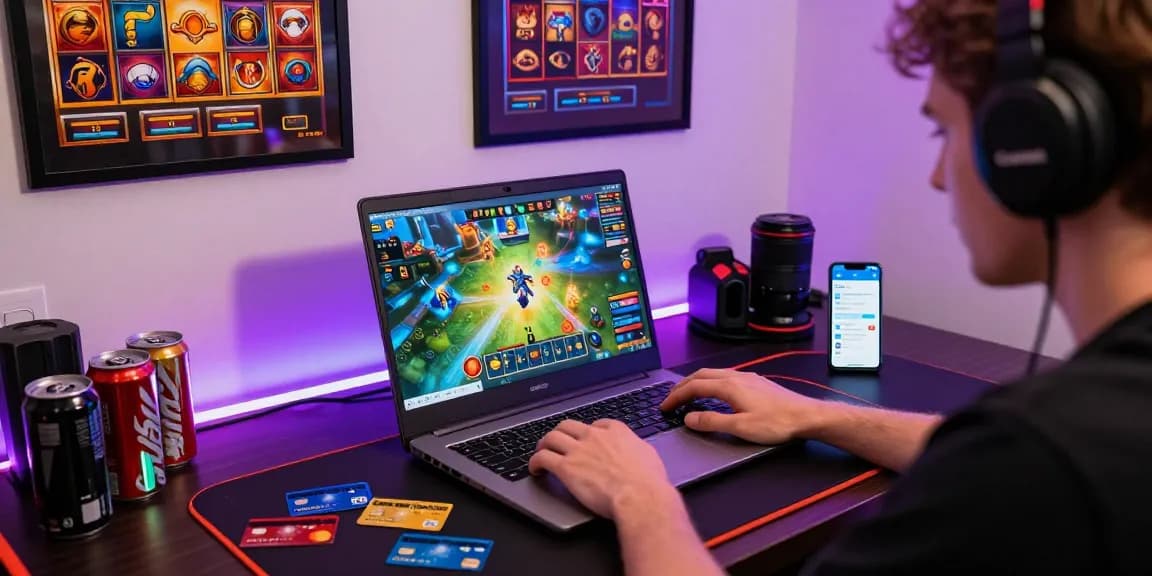 UK player exploring credit card casinos on https://transact.org.uk with various credit cards and vibrant game graphics.