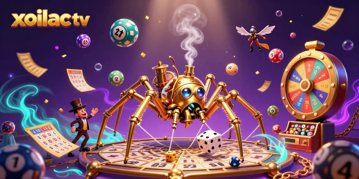 Xoilac TV features lively lottery balls bouncing amidst a steampunk scene, encapsulating dynamic online betting energy.