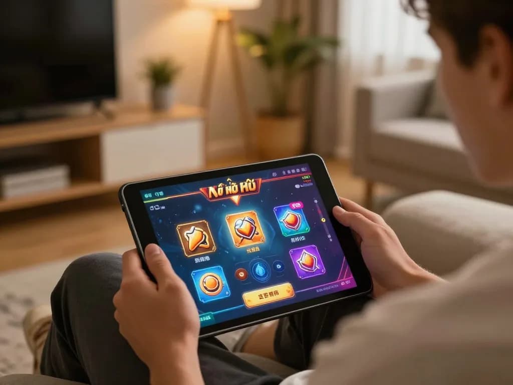 Engaging game nổ hũ action on a tablet, highlighting lively gambling experience.