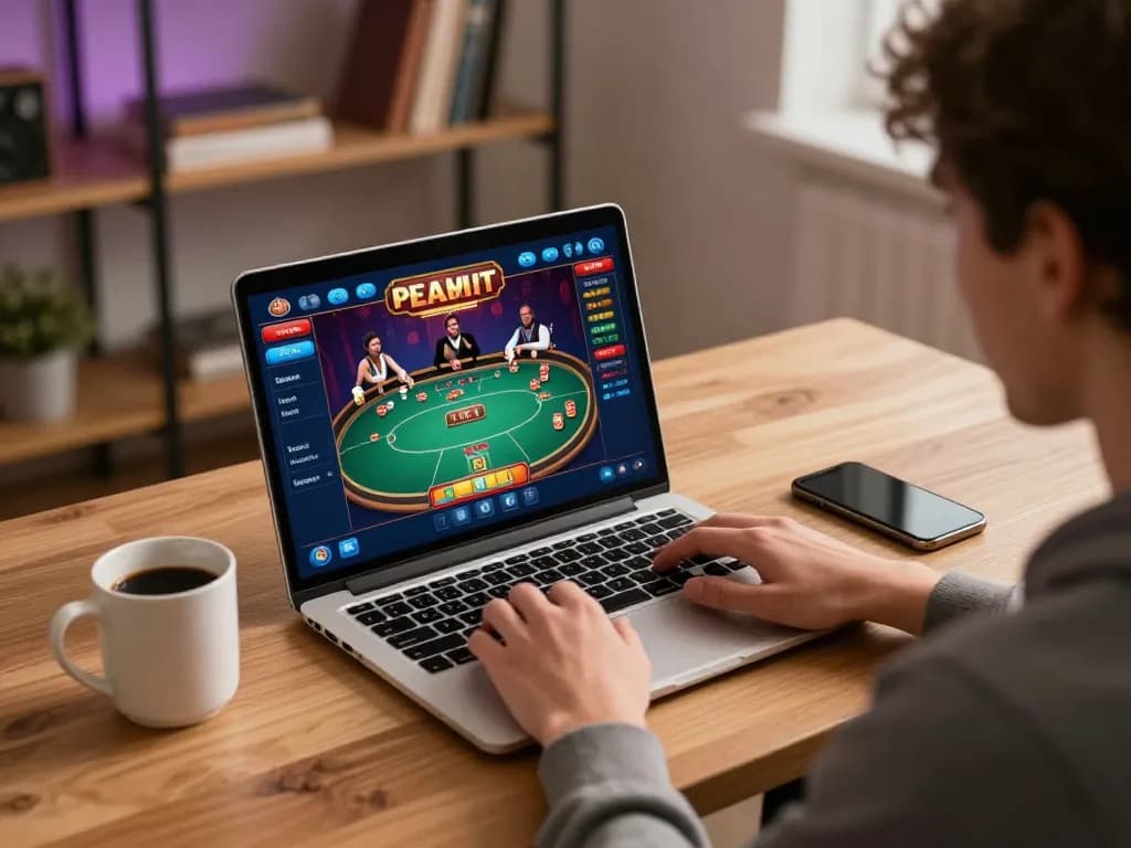 Player engaging with x88 online casino, bright gaming interface on laptop, cozy home atmosphere