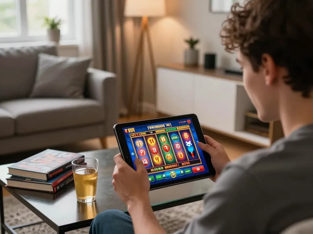 Person using tablet for online debet slot game in a cozy living room