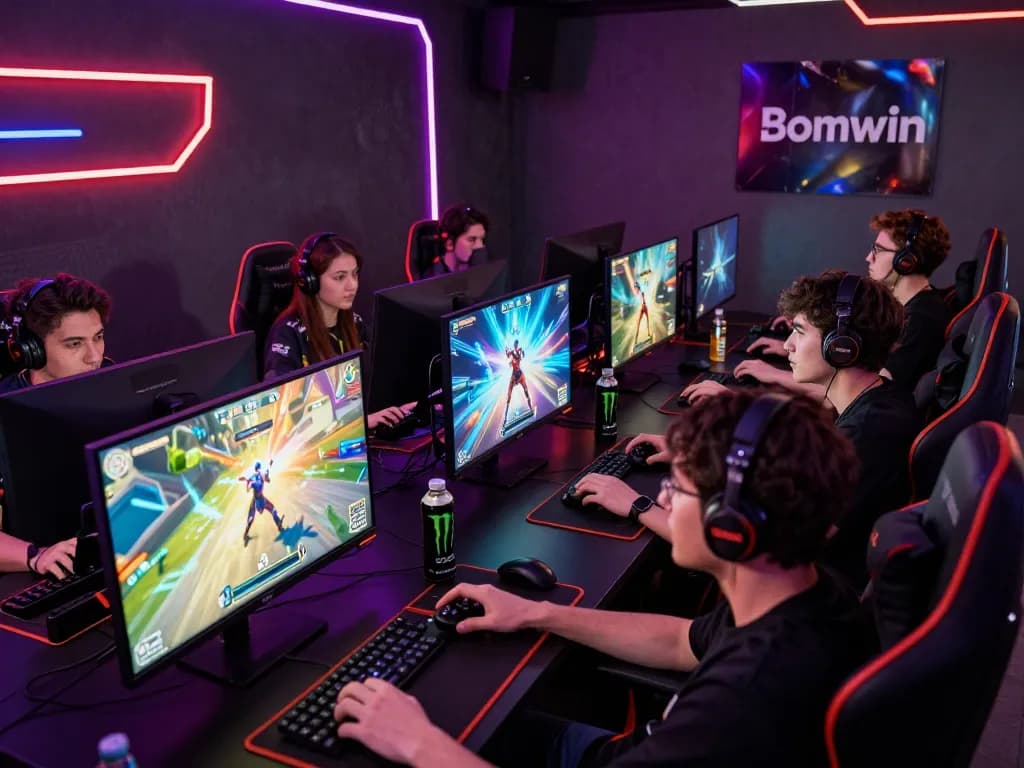 Group of friends enjoying Bomwin gaming platform in vibrant setup.