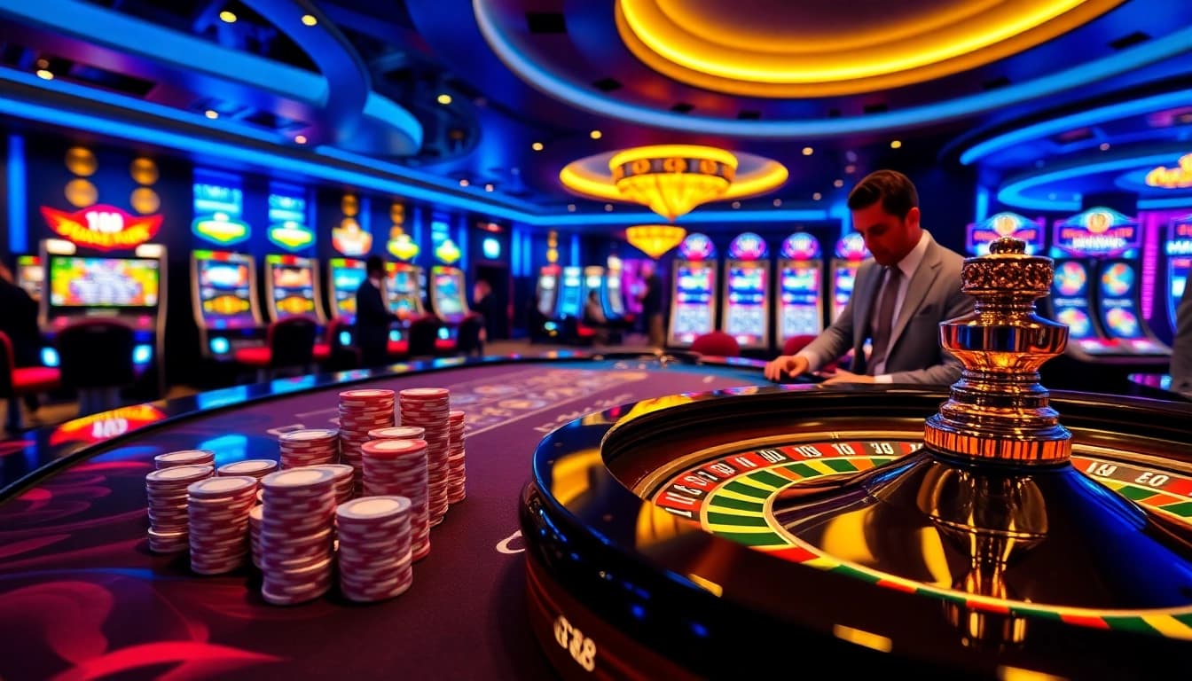 Experience high-stakes gaming at GG88's luxurious casino table with vibrant slots and roulette.