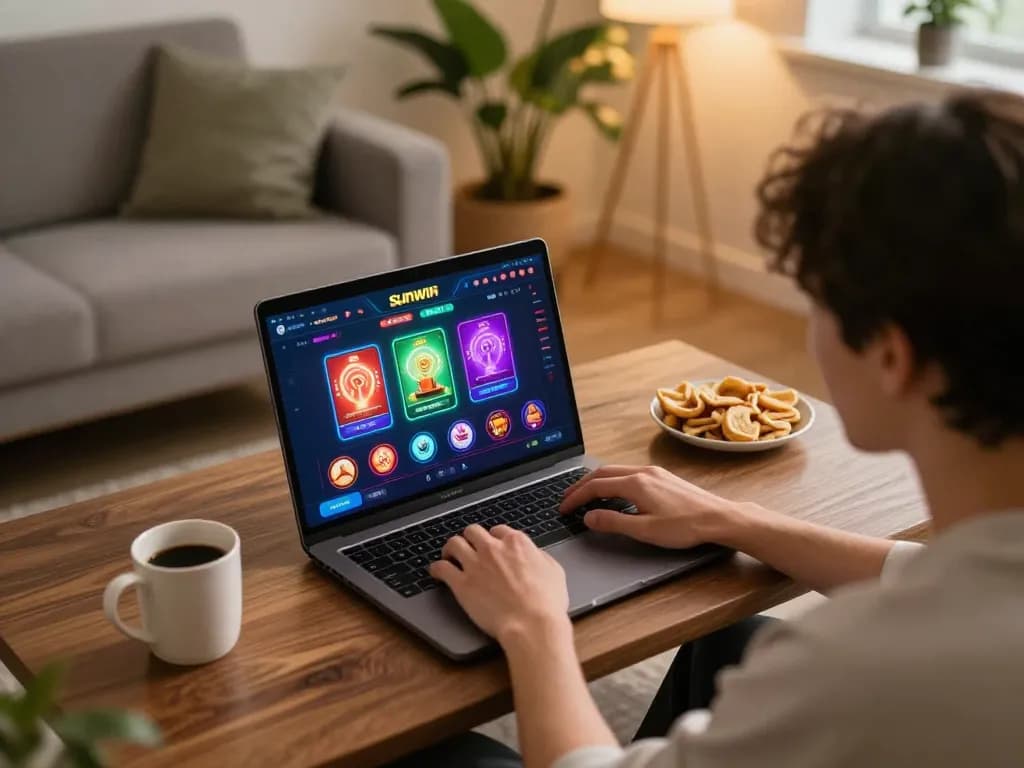 Sunwin player enjoying online gaming session at home with vibrant graphics.