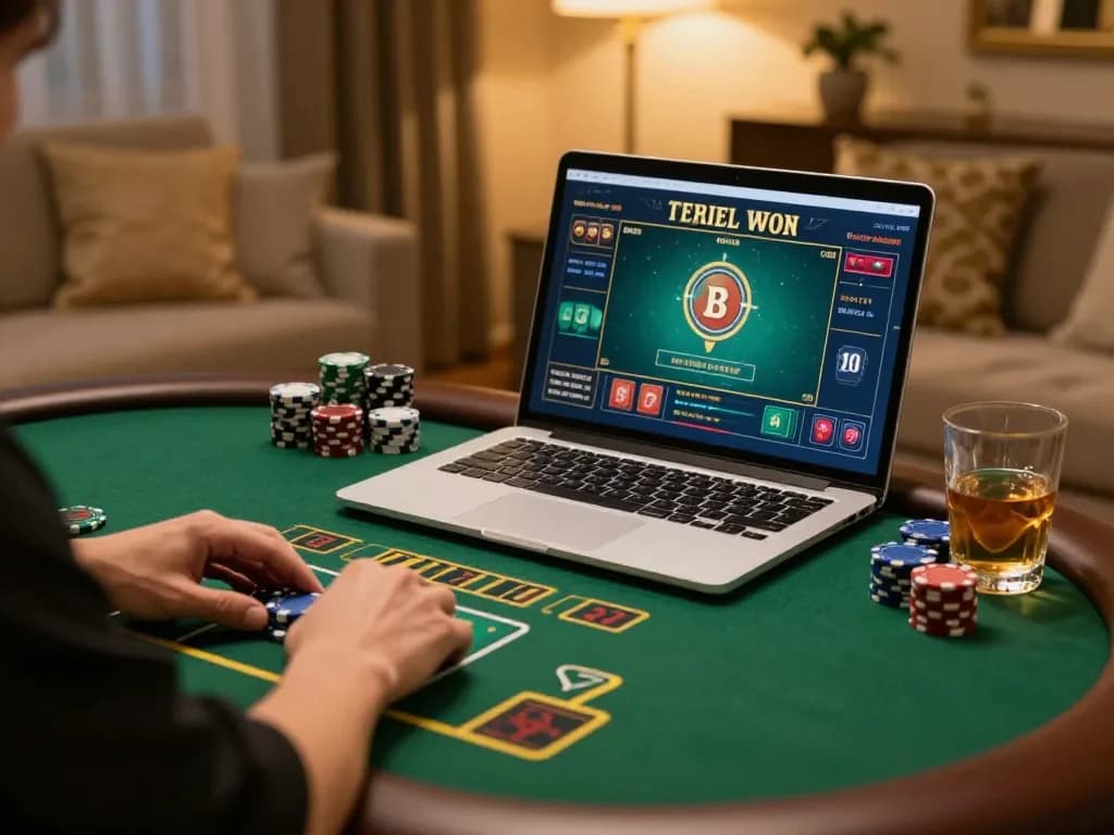 Player experiencing live dealer games at 32win, surrounded by poker chips and cozy lighting.