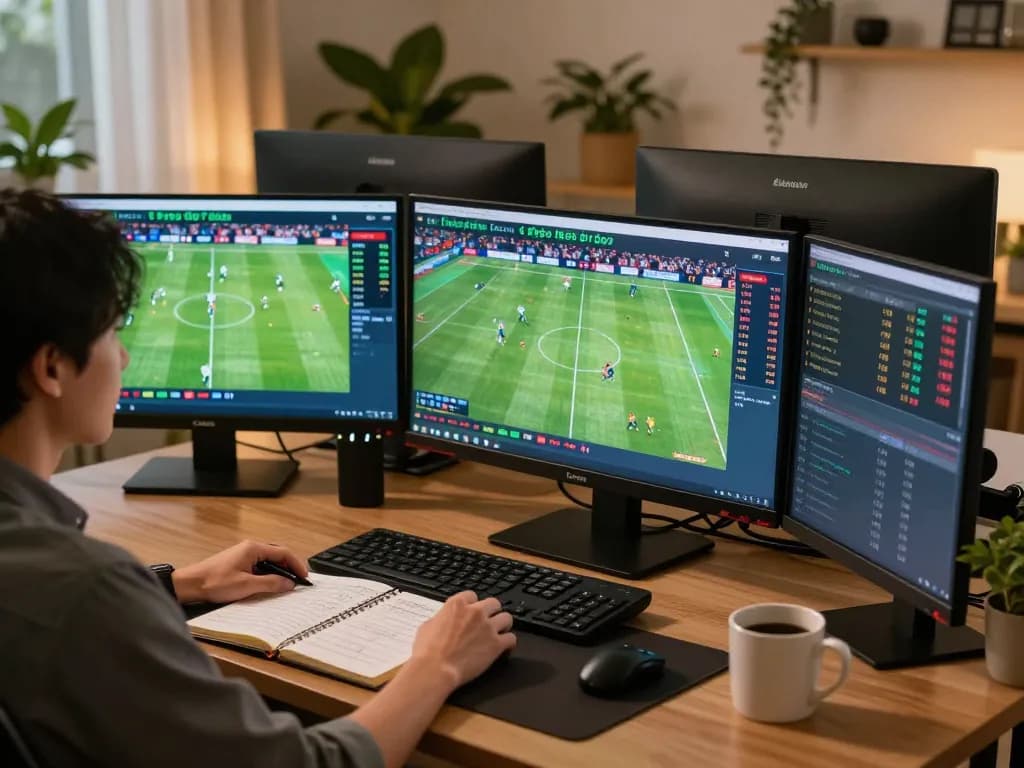 Engaged user analyzing kèo nhà cái for live sports betting in a cozy home office setting