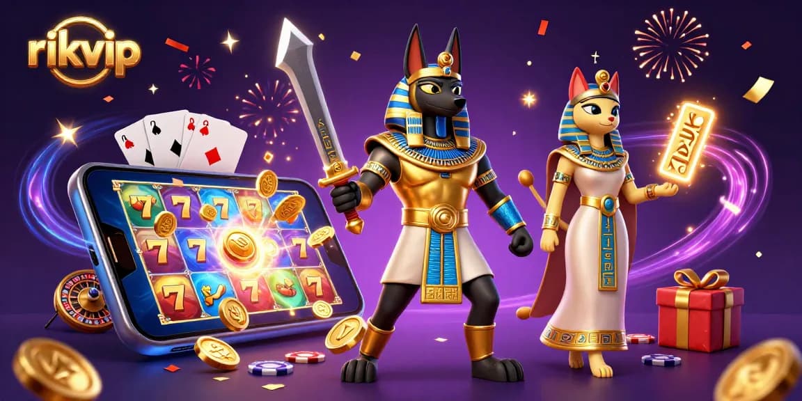 Experience exhilarating gaming at rikvip with Anubis and Bastet amidst vibrant casino elements.