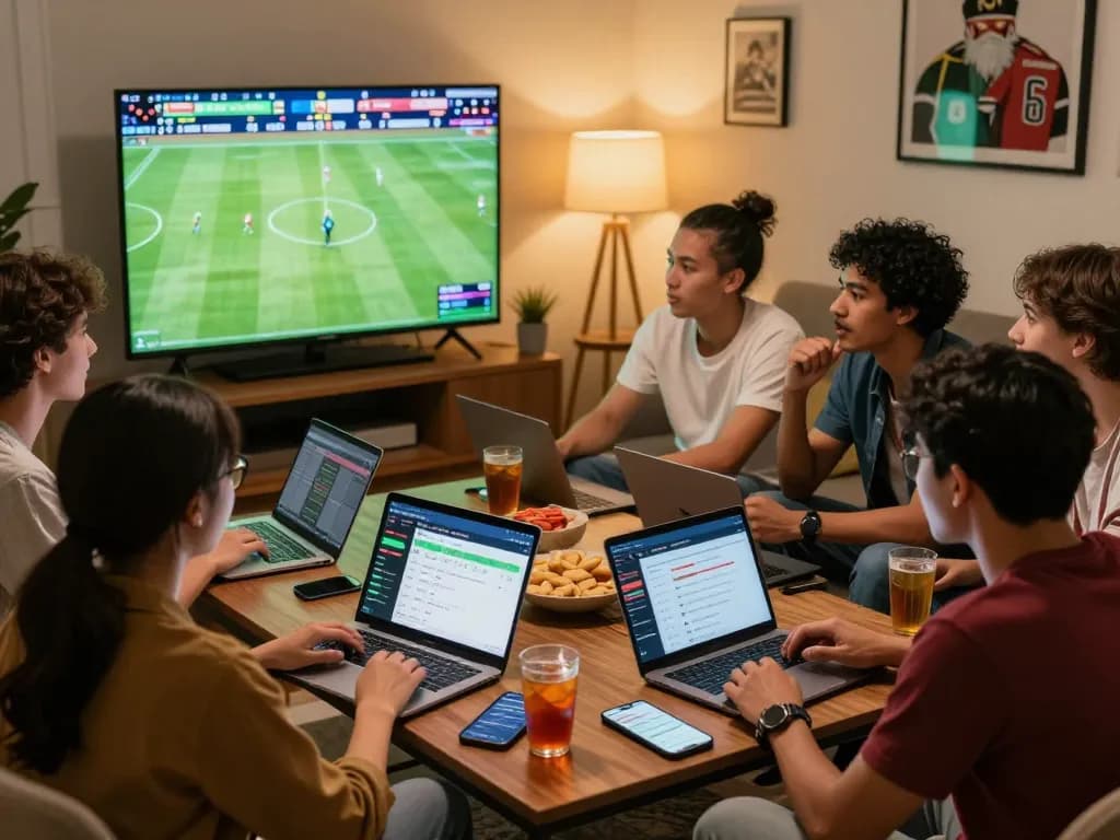 Friends analyzing kèo nhà cái hôm nay during a live game, showcasing excitement and strategic betting.