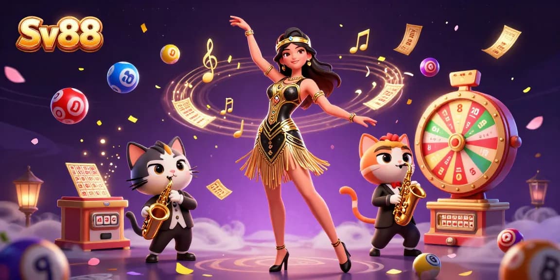 Engage with Sv88 in a vibrant casino scene featuring dynamic lottery balls and golden game elements.