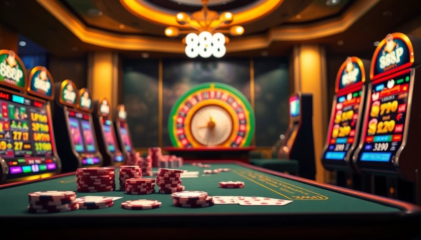 Experience the thrill of 888P with elegant casino tables, vibrant poker chips, and modern slot machines.