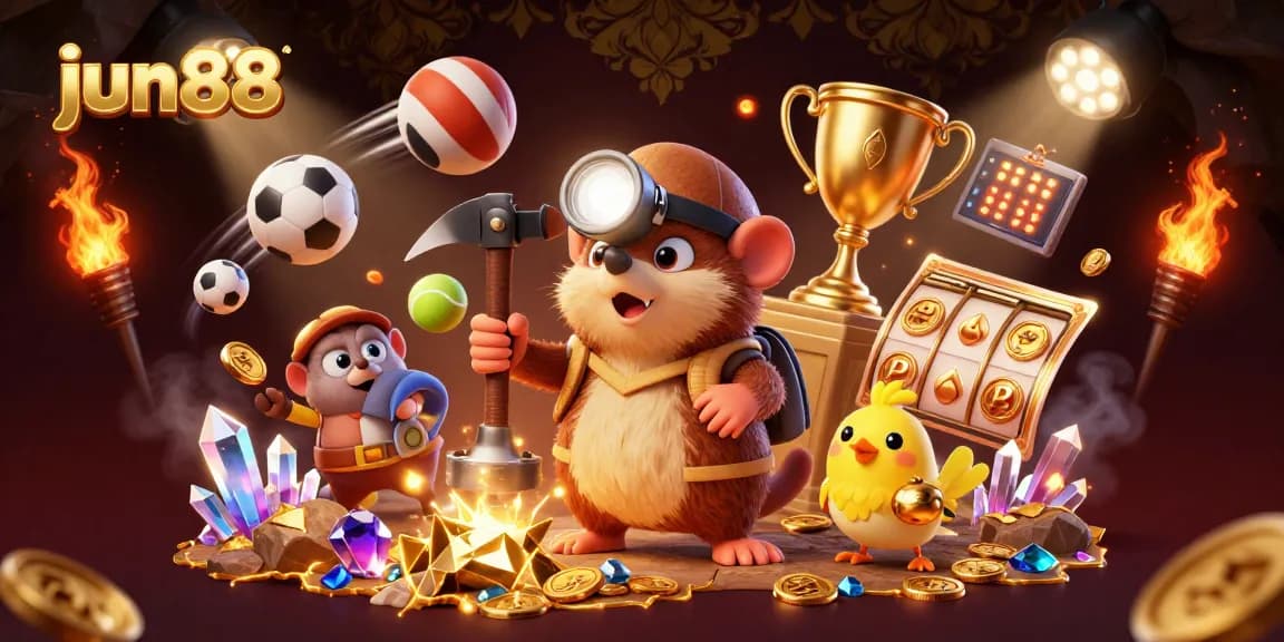 Engage in thrilling gaming experiences at jun88, showcasing a vibrant casino scene with characters and slot games.