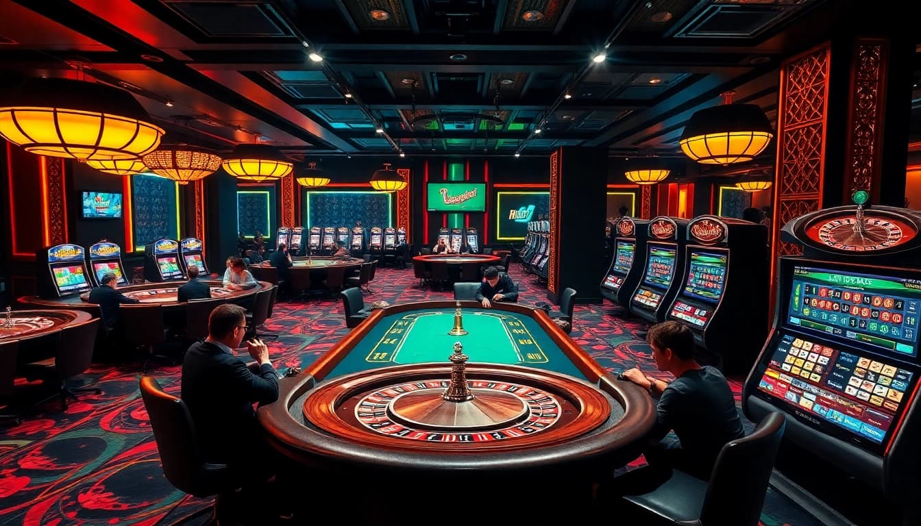 Engage in thrilling games at Hit club, featuring dynamic poker tables and colorful slot machines.