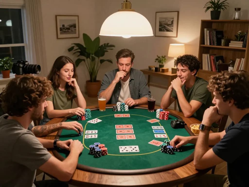 Friends enjoying a lively poker night at home, with engaging gameplay showcasing XX88 casino atmosphere.