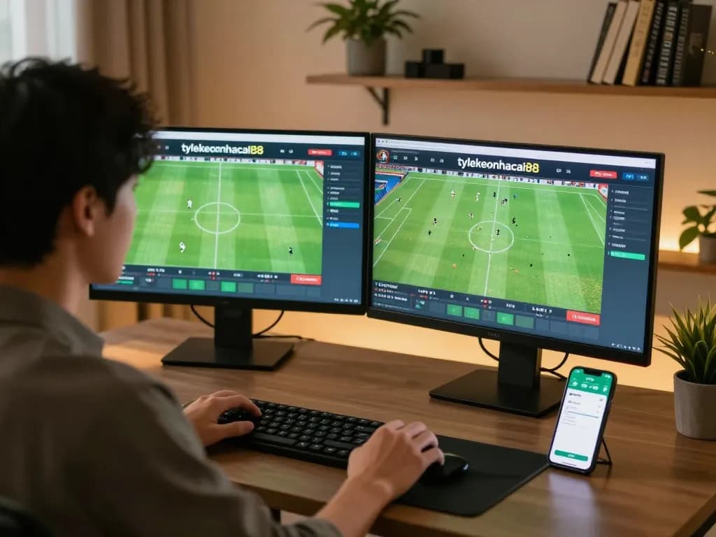 Person engaging in live sports betting at tylekeonhacai88, focused on dual screens displaying odds and match details