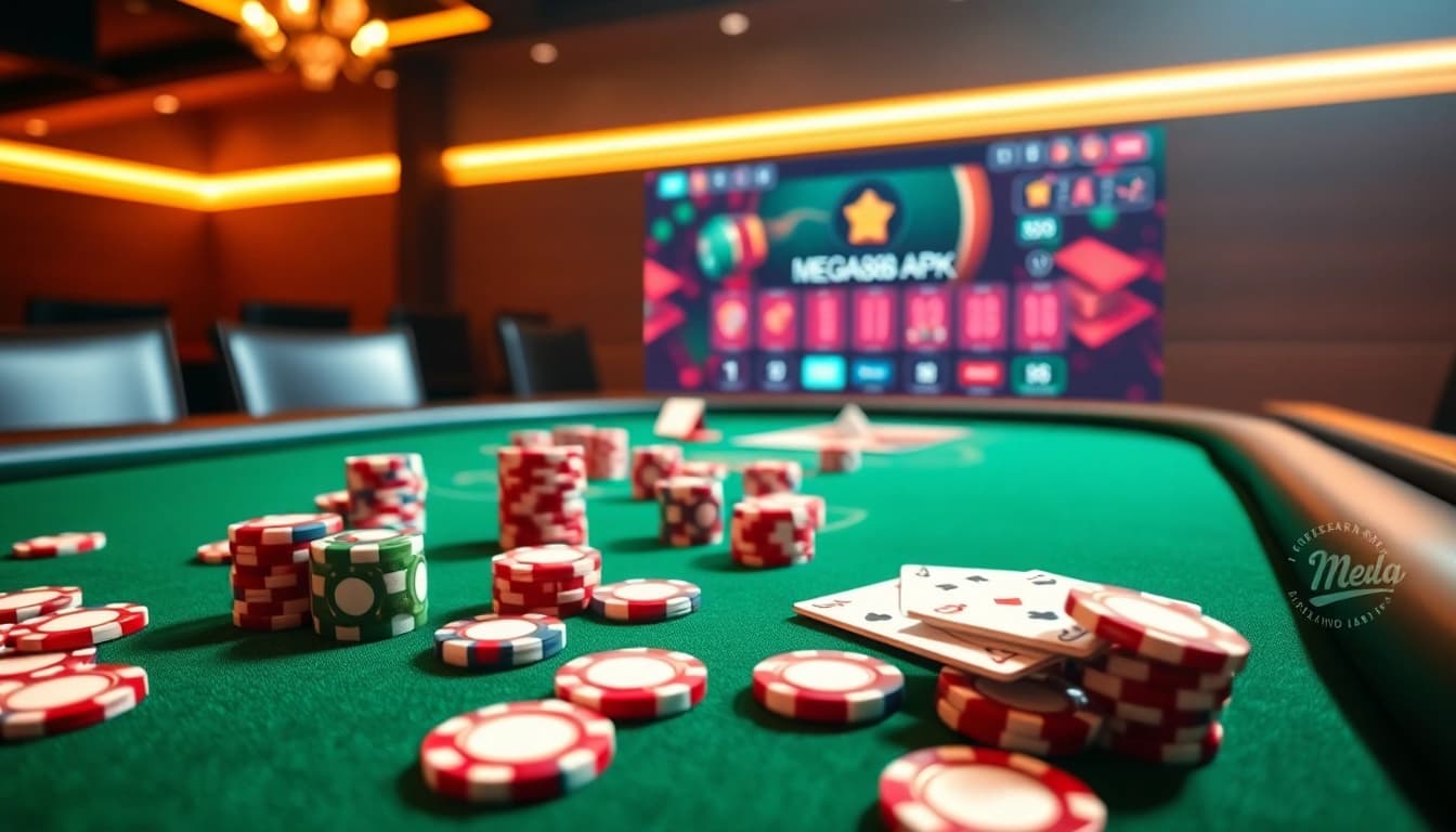 Experience the thrill of the latest mega888 apk new featuring vibrant poker elements and a luxurious casino ambiance.