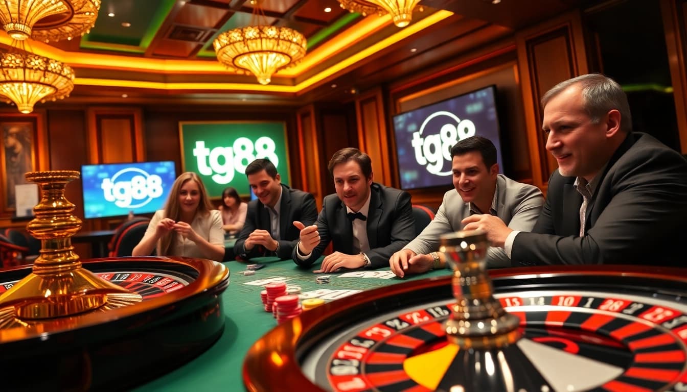 Players strategizing with tg88 chips at a luxurious casino poker table, surrounded by dynamic gambling action.