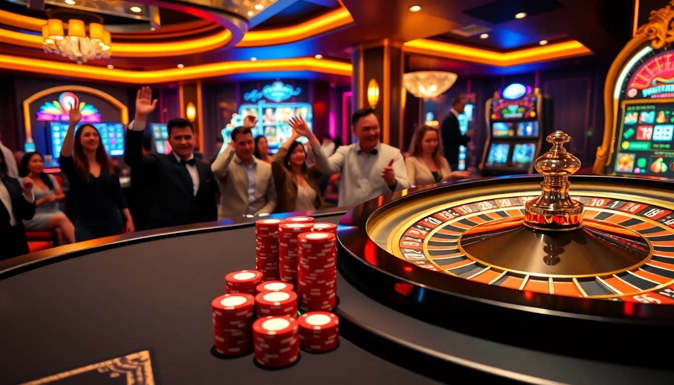 Experience the excitement and luxury at nhà cái cm88 with vibrant casino gaming visuals featuring poker, roulette, and slot machines.