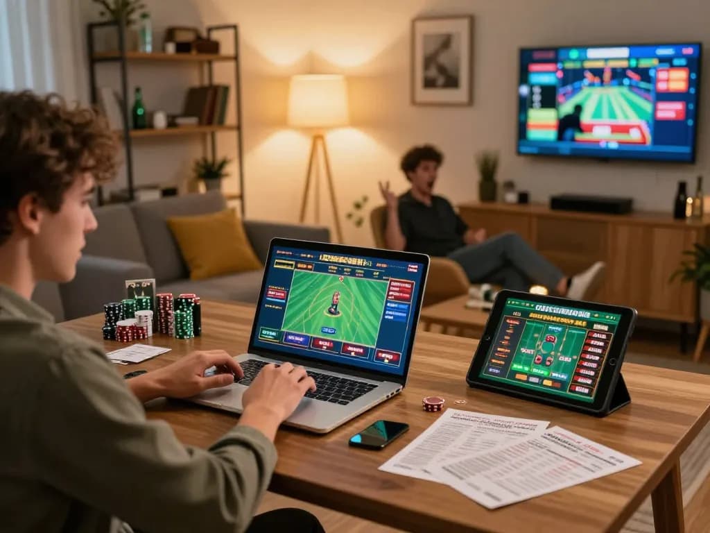E2bet enthusiast betting on sports in a cozy home setting with a laptop and tablet.