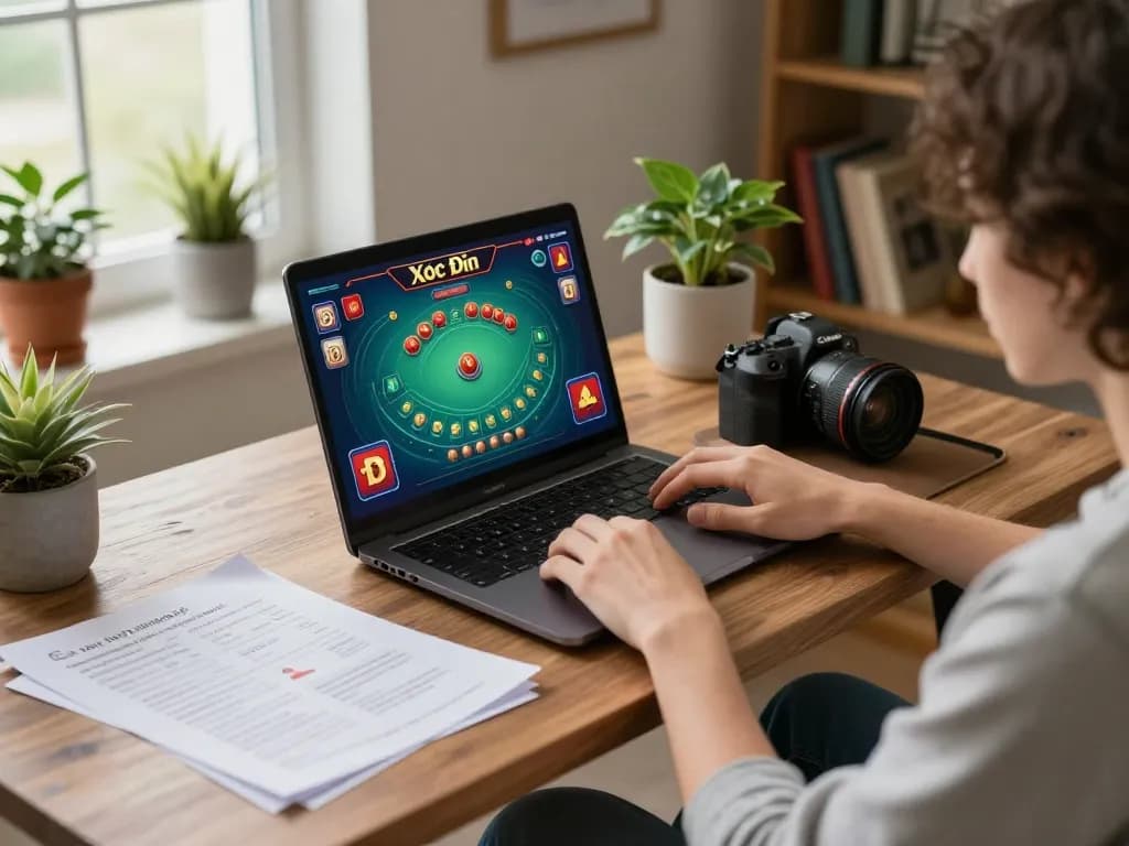 Xóc Đĩa online gameplay on a laptop screen in a cozy home setting, showcasing strategic betting.