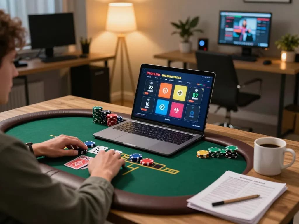 Bong88 player engaging in live dealer blackjack on a laptop, showcasing strategic gameplay and a cozy setting