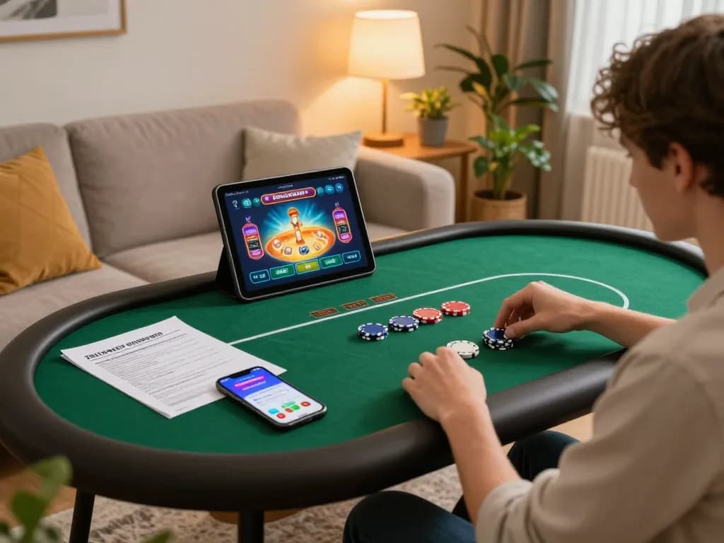 FLY88 user engaging in online poker from a cozy home setting, showcasing strategic gameplay.