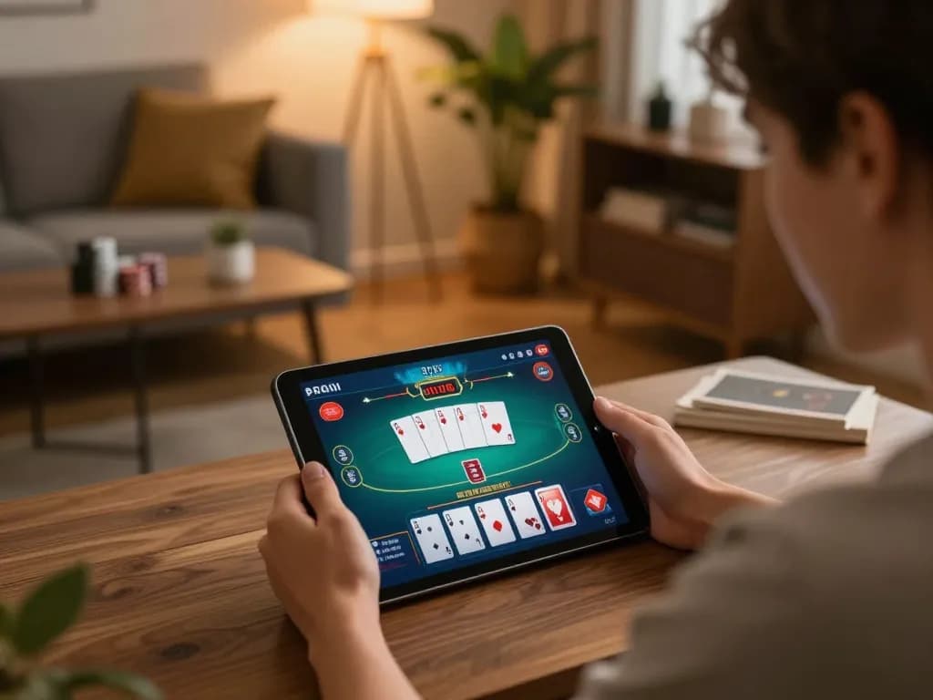 Person engaging in online poker gameplay on a tablet with ee88go interface visible in warm home setting.