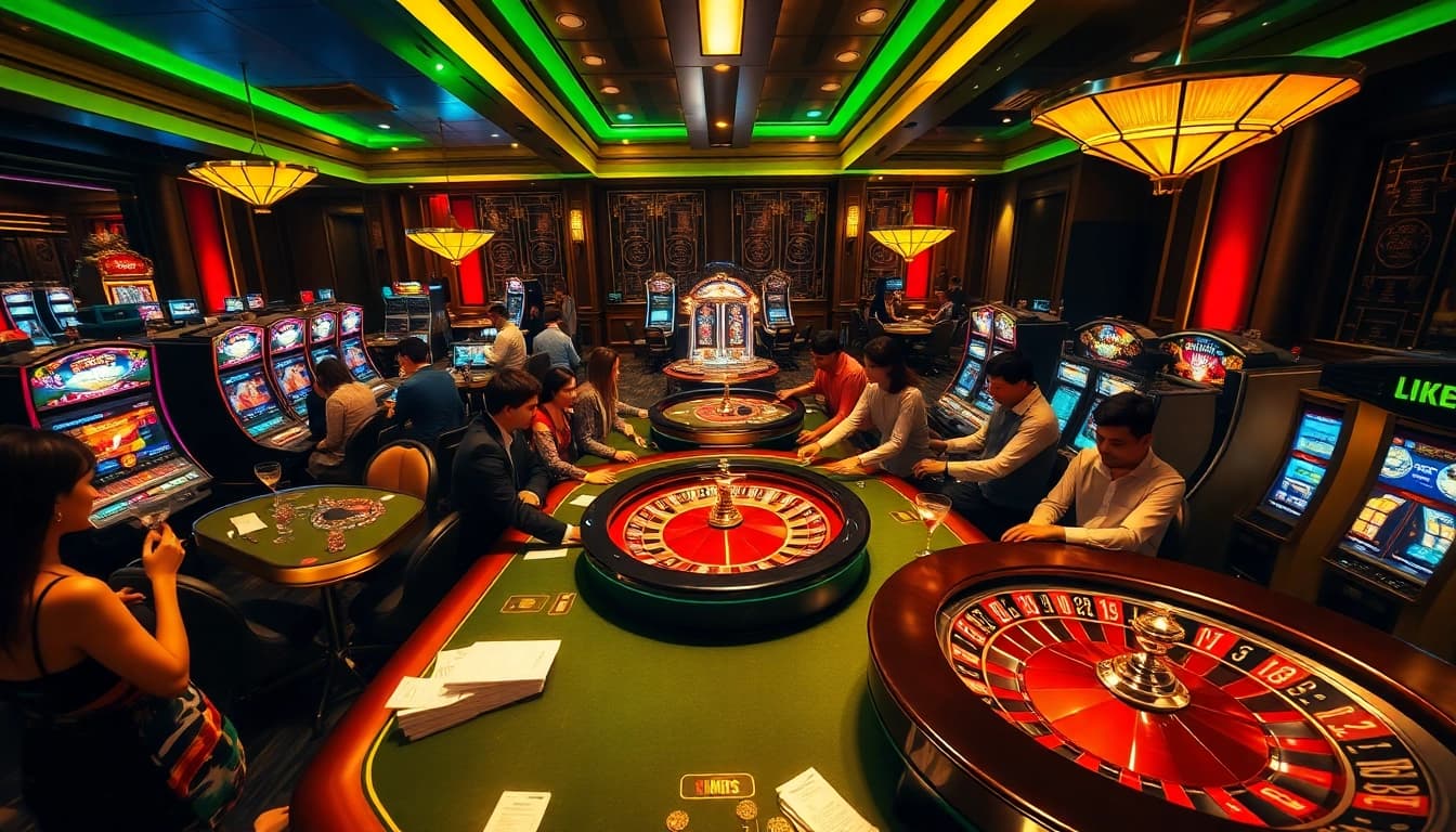 Kuwin 789 offers an exciting casino atmosphere with gamblers at poker tables, spinning roulette wheels, and vibrant slot machines.