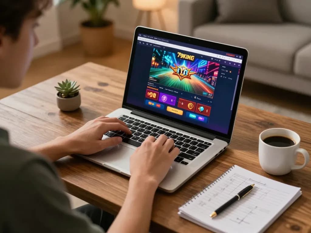 Engaging in online gaming at 79KING with a laptop and cozy home setup.