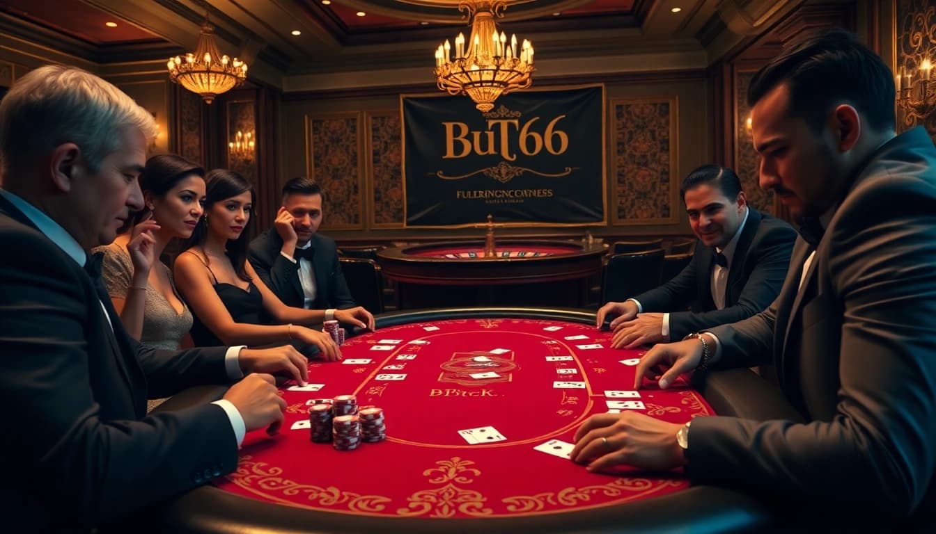 Players strategizing at a high-stakes poker table with BDTK66 prominently displayed.