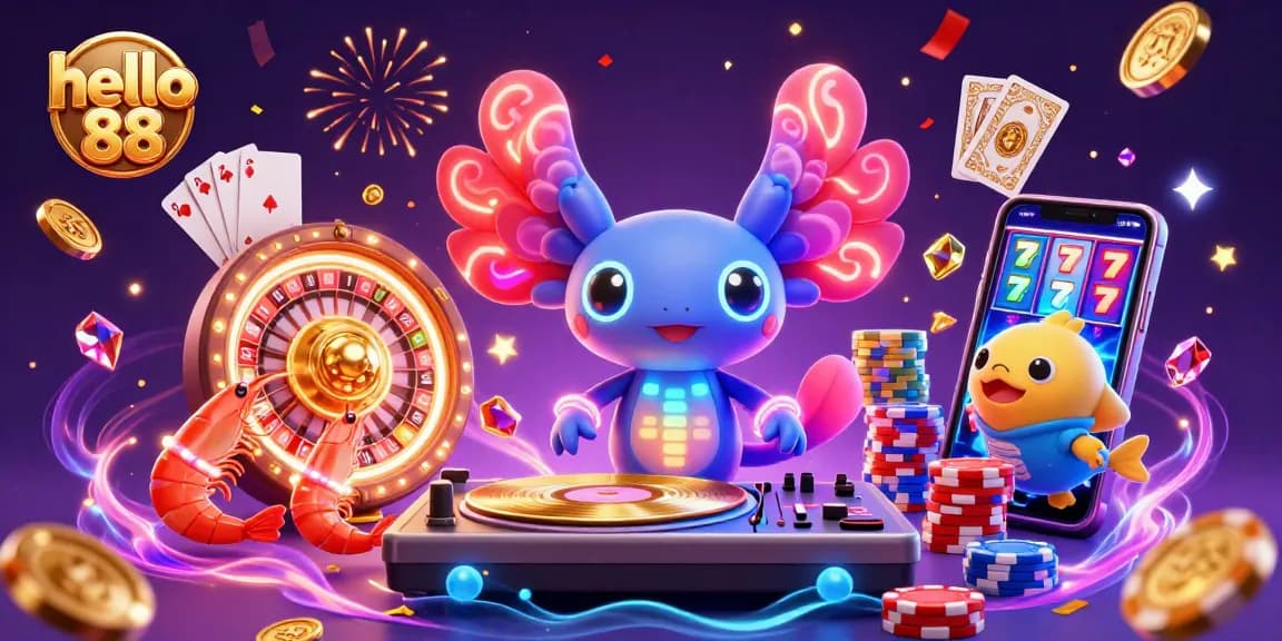 Experience thrilling gameplay with hello 88 as axolotl DJ spins tracks, surrounded by vibrant casino elements.