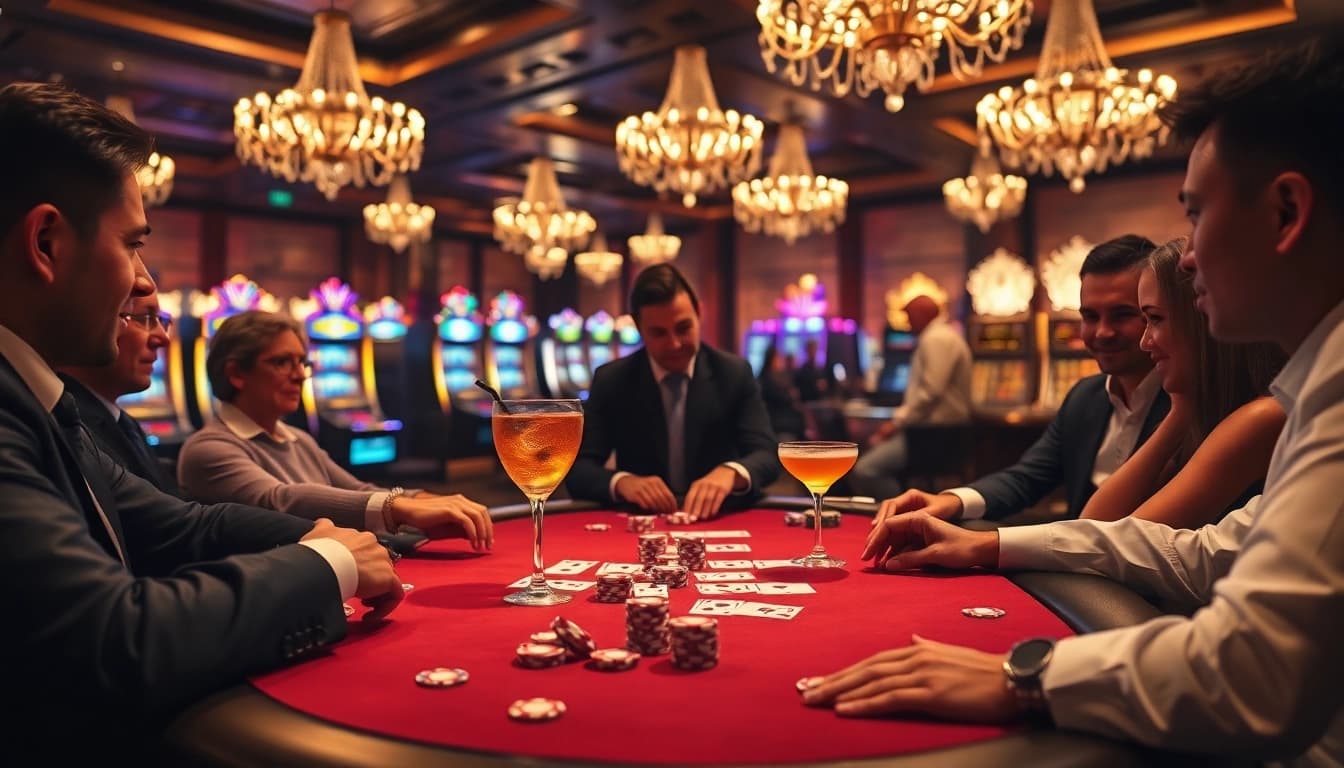 NK88 players strategizing at a luxurious poker table in a vibrant casino setting.