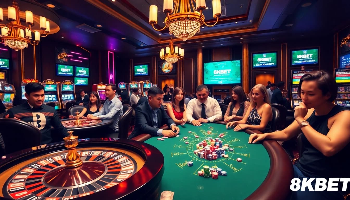 Experience the thrilling atmosphere of 8KBET with vibrant casino tables and engaging players.