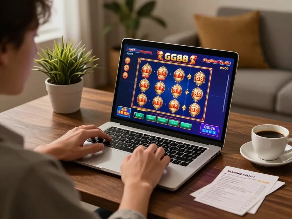 Gaming on GG88 at home with vibrant slot games displayed on laptop screen.
