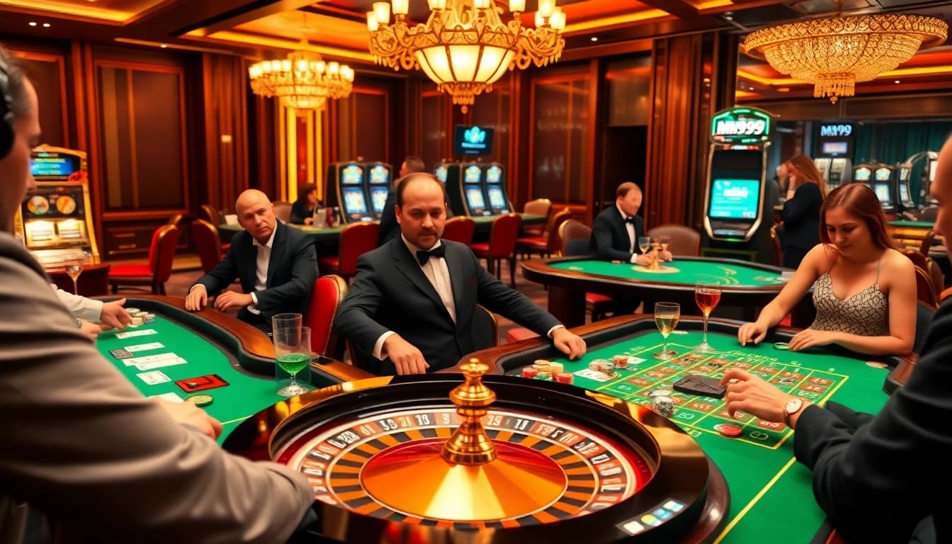 Players enjoying high-stakes gaming at MM99 casino tables, highlighting poker chips and cards.