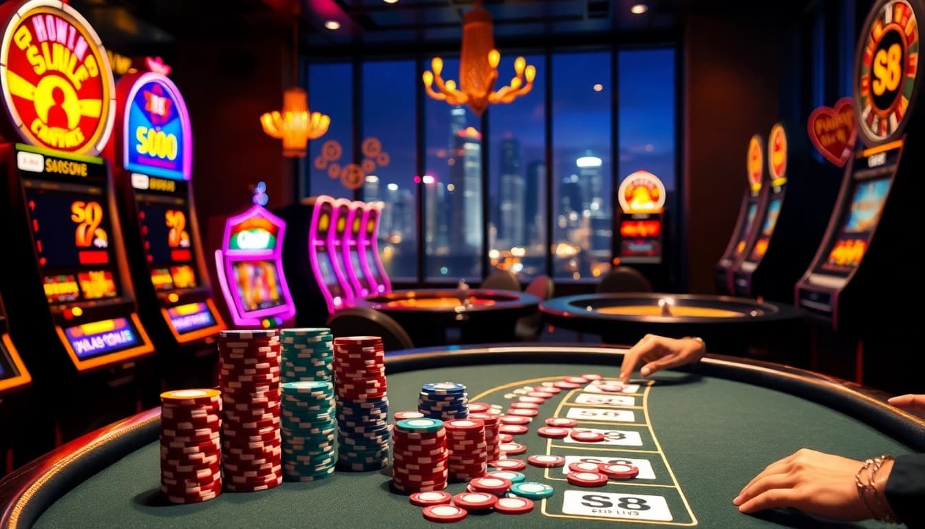 Experience the excitement of gambling with S8 casino elements, including poker chips and slot machines.