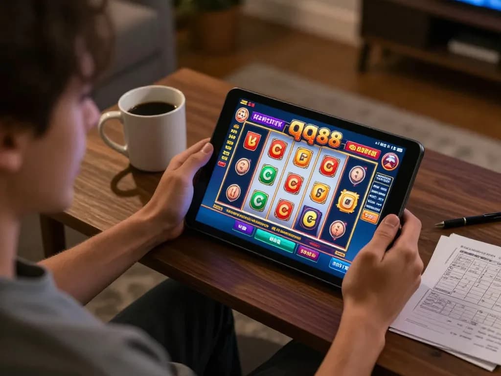 Player enjoying an online slot game on qq88, demonstrating modern home gaming lifestyle mixed with strategic gameplay.