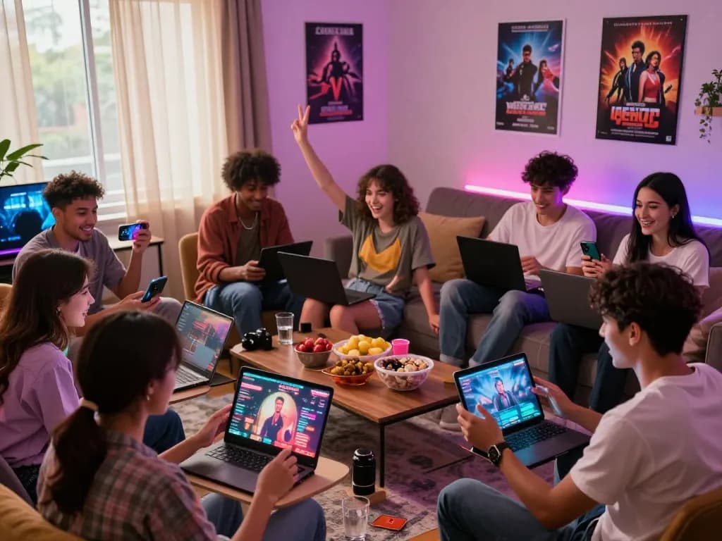 Group of friends playing interactive sex games online on various devices in a vibrant gaming room.