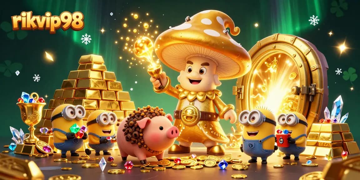 Experience the magic of rikvip98 with a golden wizard and treasures in a vibrant casino setting.