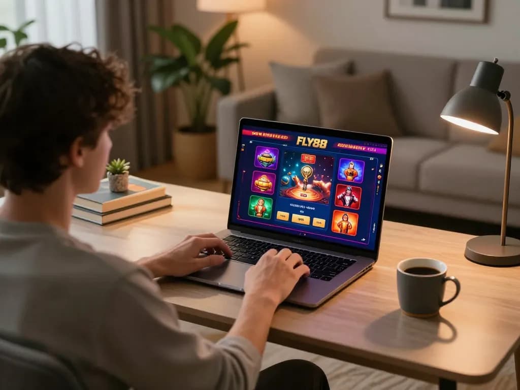Player enjoys strategic gameplay on fly88 online casino platform in cozy home setup